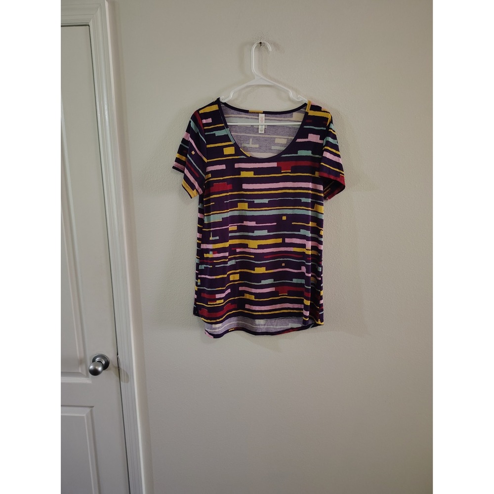 LuLaRoe Womens Classic T Shirt Large Multicolor Geometric Stripe Short Sleeve